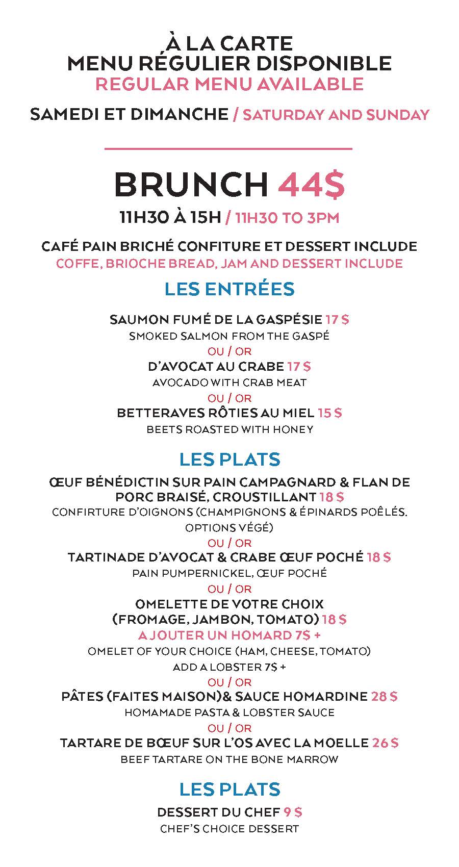 Menu brunch du weekend, options variées.