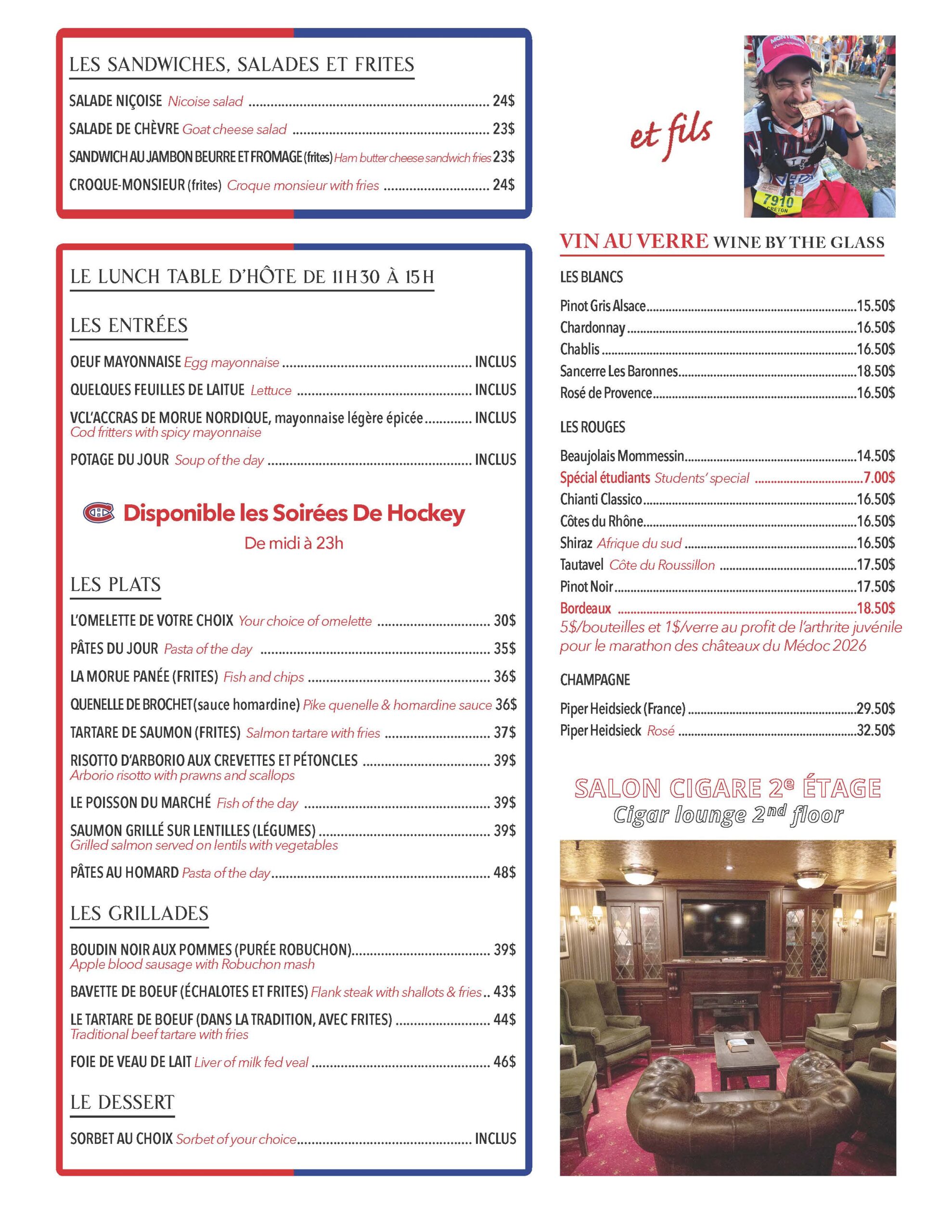 Menu avec sandwichs, salades, vins, grillades.