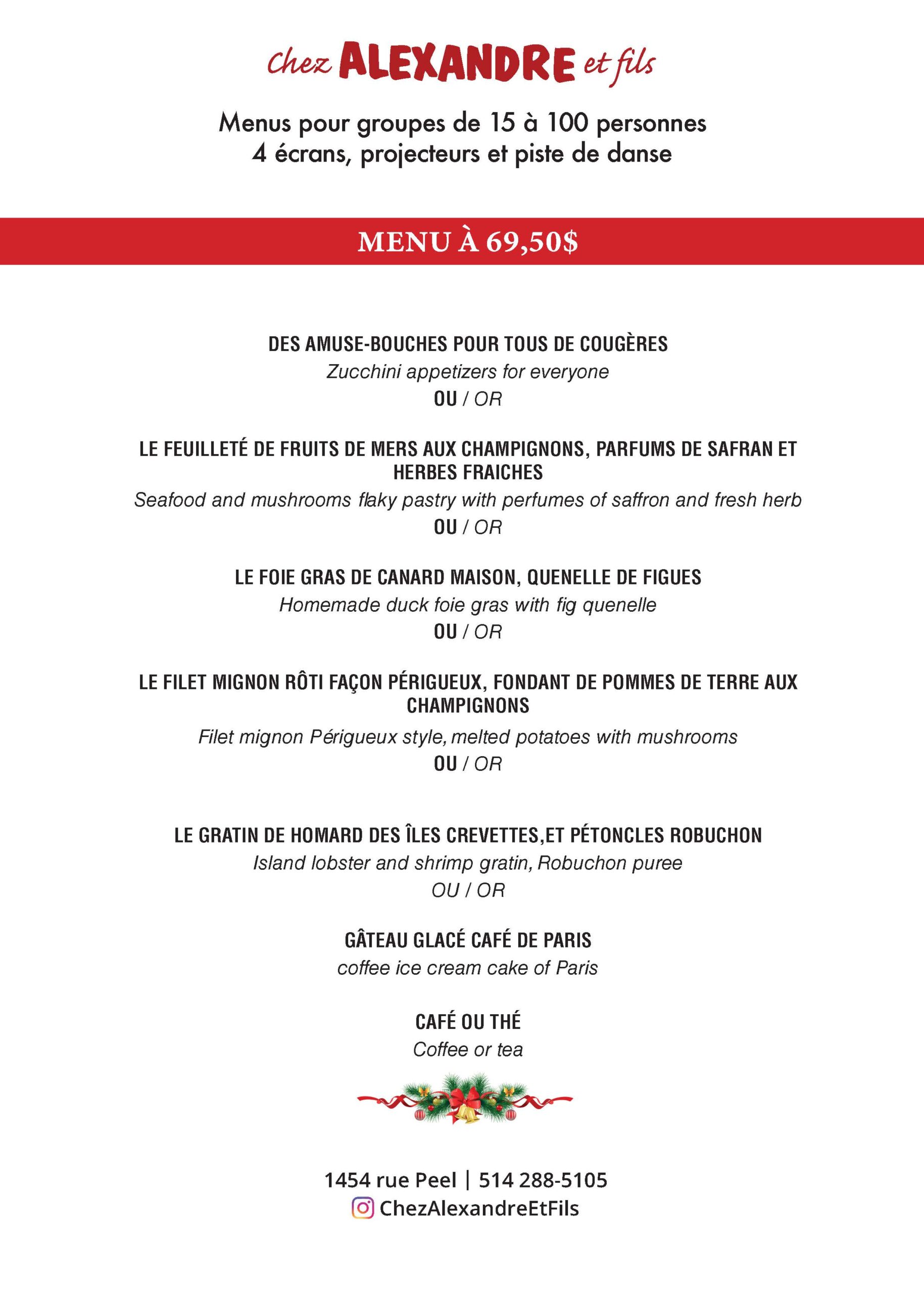 Menu gastronomique Chez Alexandre et Fils à 69,50$.