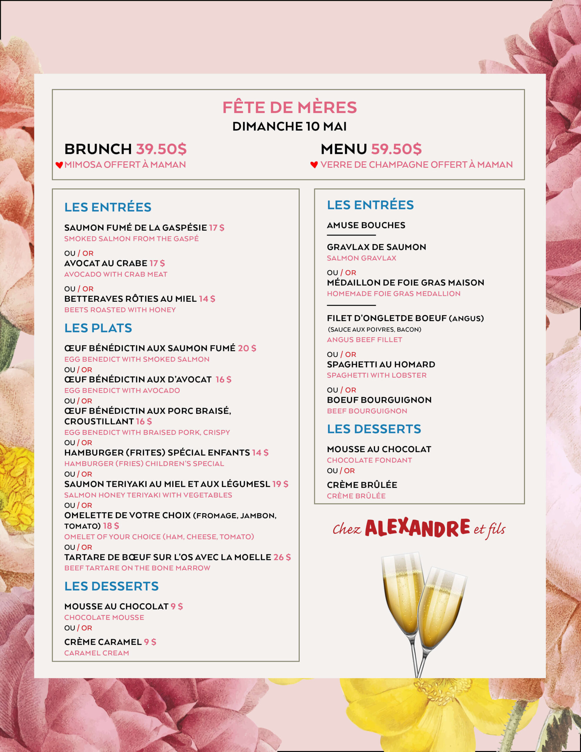 Menu brunch et dîner pour la Fête des Mères.