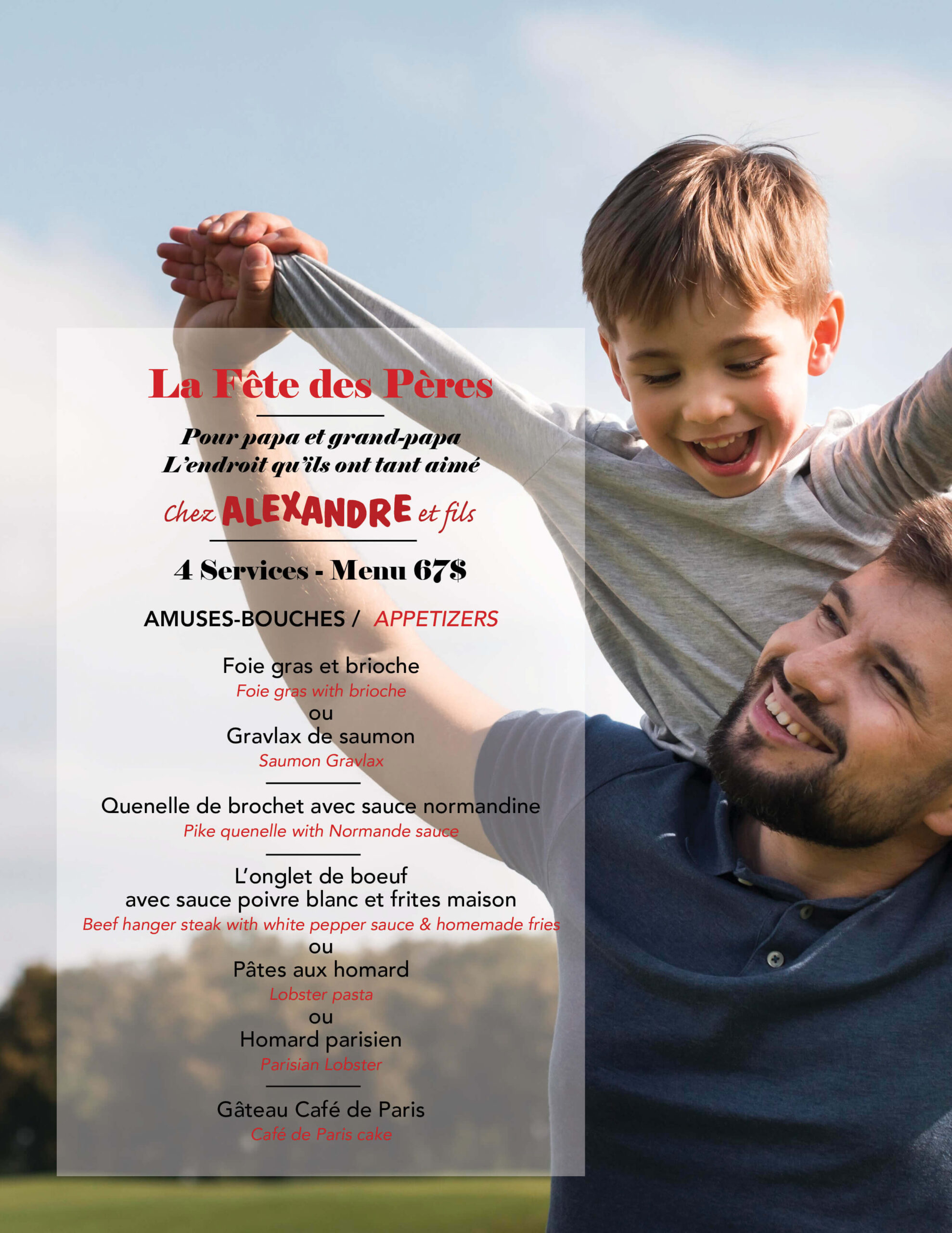 Menu Fête des Pères chez Alexandre et fils.