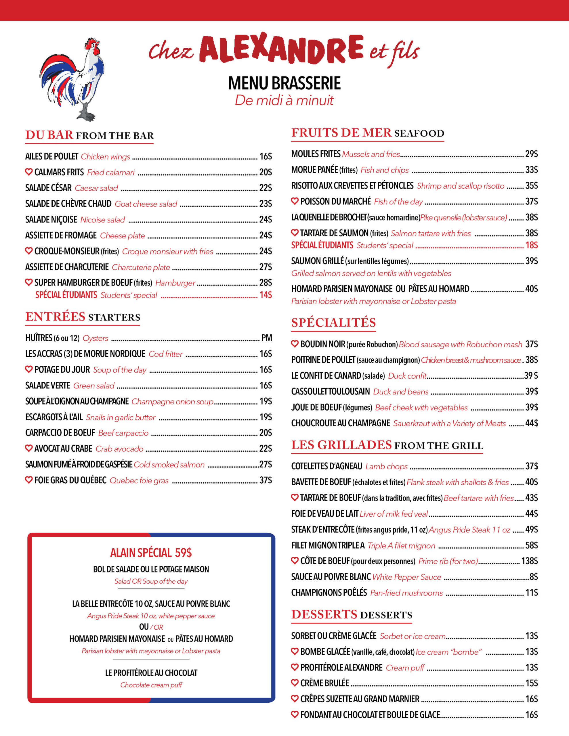 Menu brasserie avec entrées, fruits de mer, grillades, desserts.